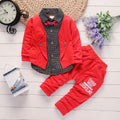 Toddler boy in a casual printed suit set, available in grey, navy blue, or red.