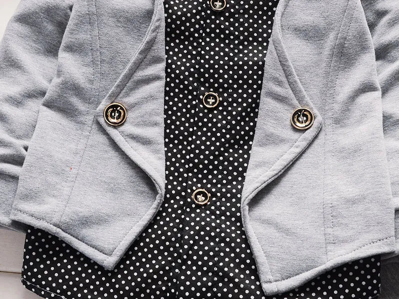 Toddler boy in a casual printed suit set, available in grey, navy blue, or red.