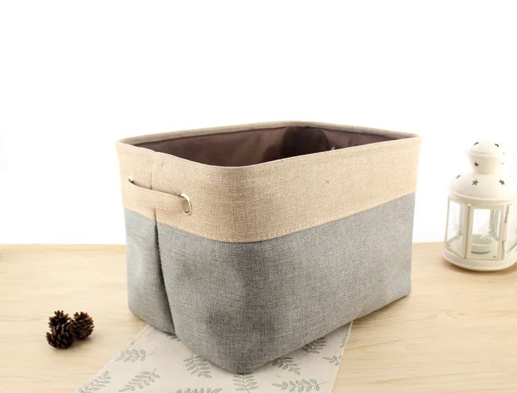 Blue imitation cotton linen fabric folding storage box without cover shown in medium size