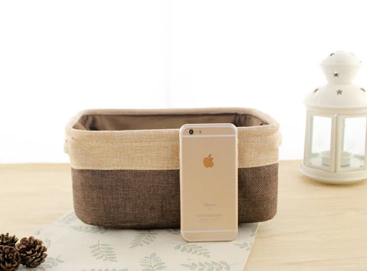 Blue imitation cotton linen fabric folding storage box without cover shown in medium size