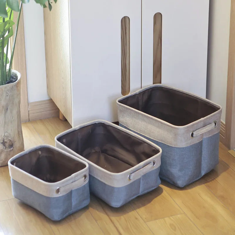 Blue imitation cotton linen fabric folding storage box without cover shown in medium size