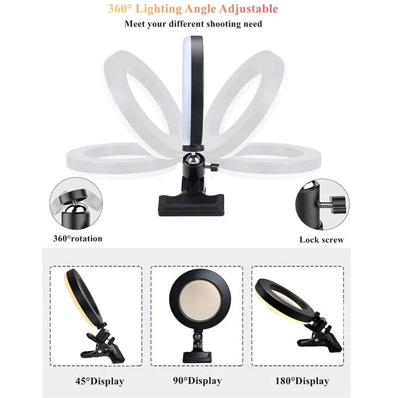 Golden 6-inch clip-on LED video conference light with pan tilt clip and USB charging, 2200-5500K adjustable