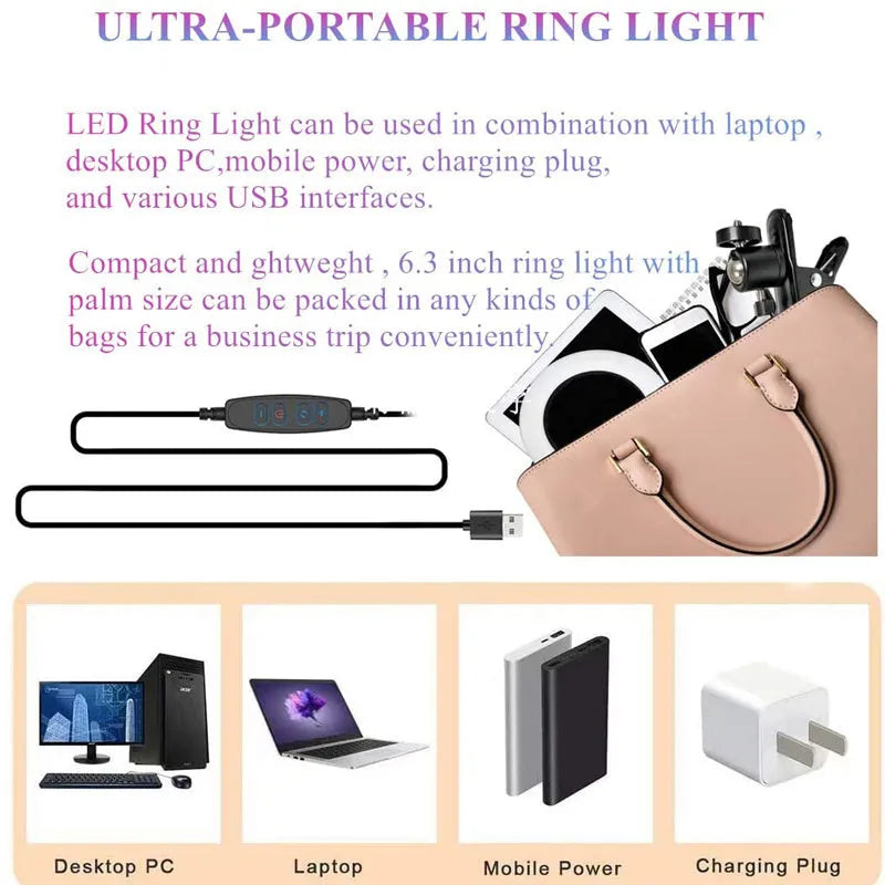 Golden 6-inch clip-on LED video conference light with pan tilt clip and USB charging, 2200-5500K adjustable