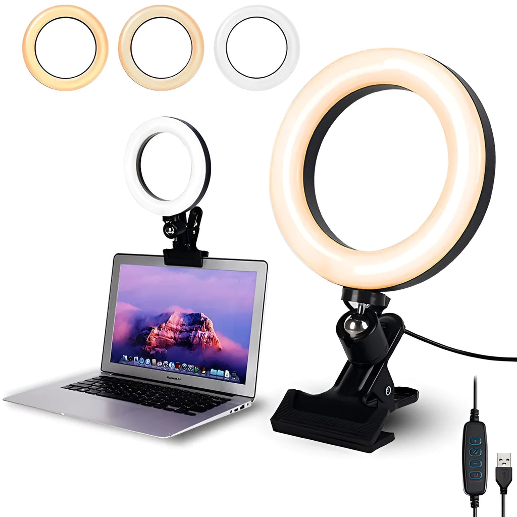 Golden 6-inch clip-on LED video conference light with pan tilt clip and USB charging, 2200-5500K adjustable