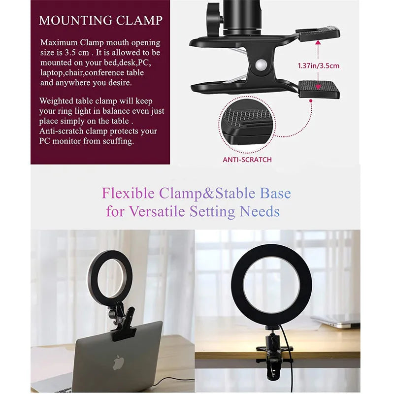 Golden 6-inch clip-on LED video conference light with pan tilt clip and USB charging, 2200-5500K adjustable