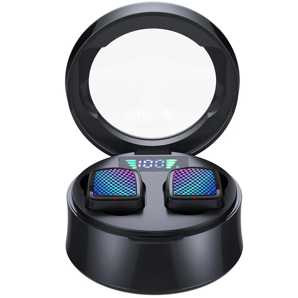 Black TWS Bluetooth sport earphones with silicone ear tips next to their white charging case.