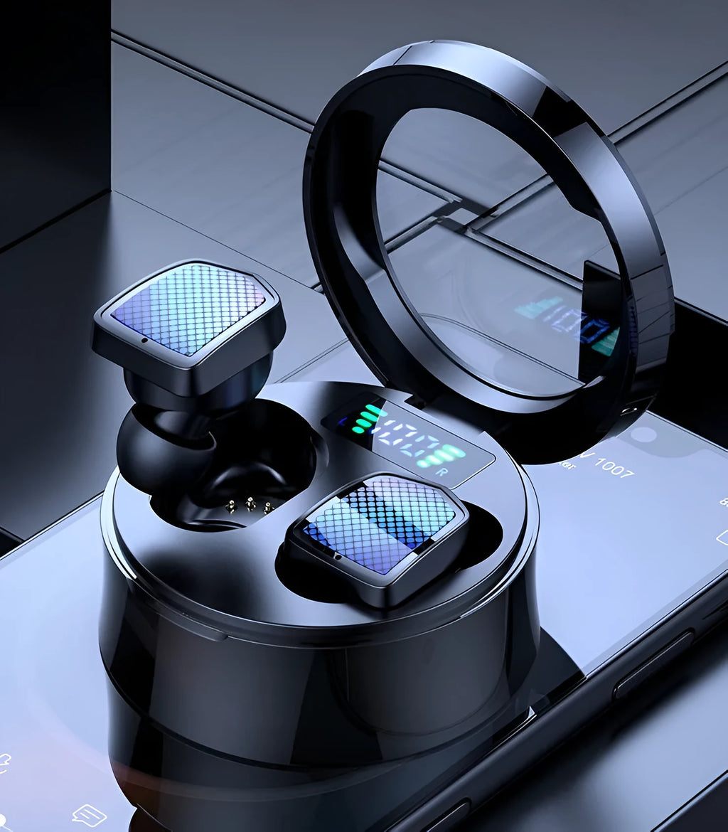 Black TWS Bluetooth sport earphones with silicone ear tips next to their white charging case.