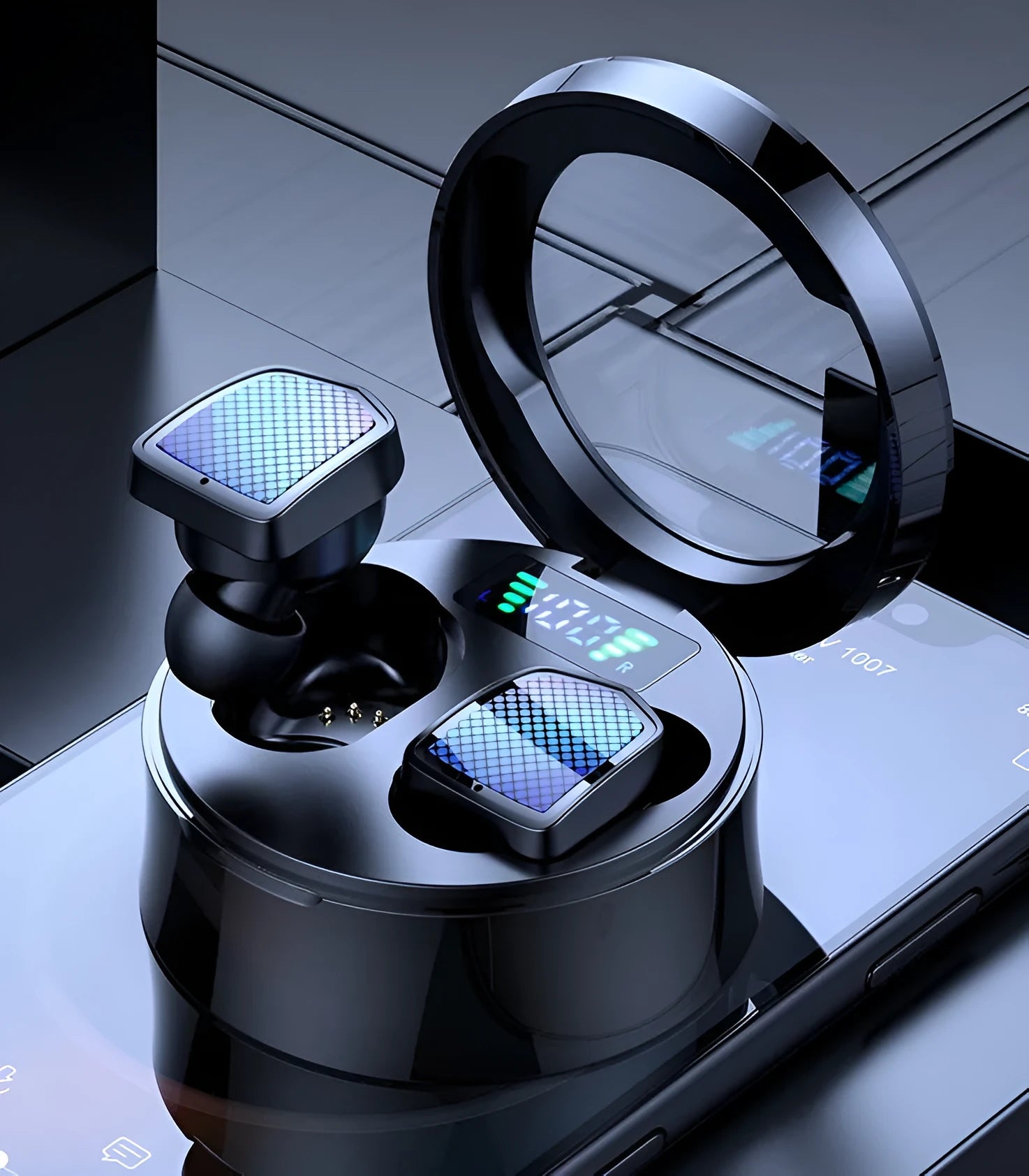 Black TWS Bluetooth sport earphones with silicone ear tips next to their white charging case.