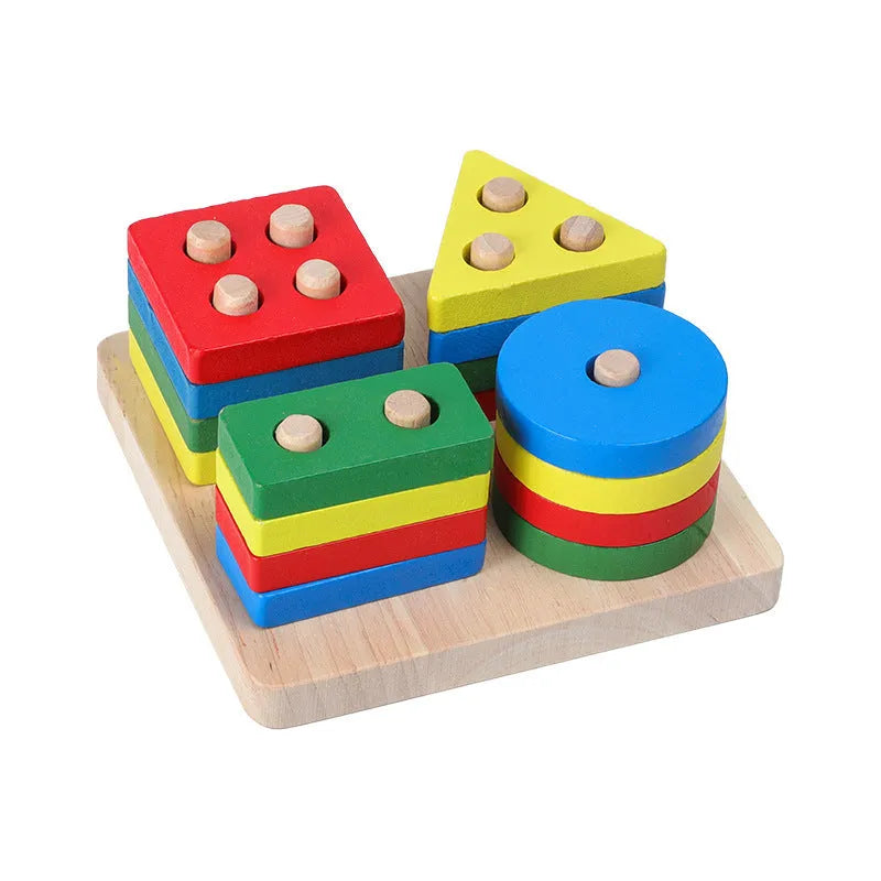 Wooden educational toys set with rainbow blocks, geometric shapes and musical elements for baby development