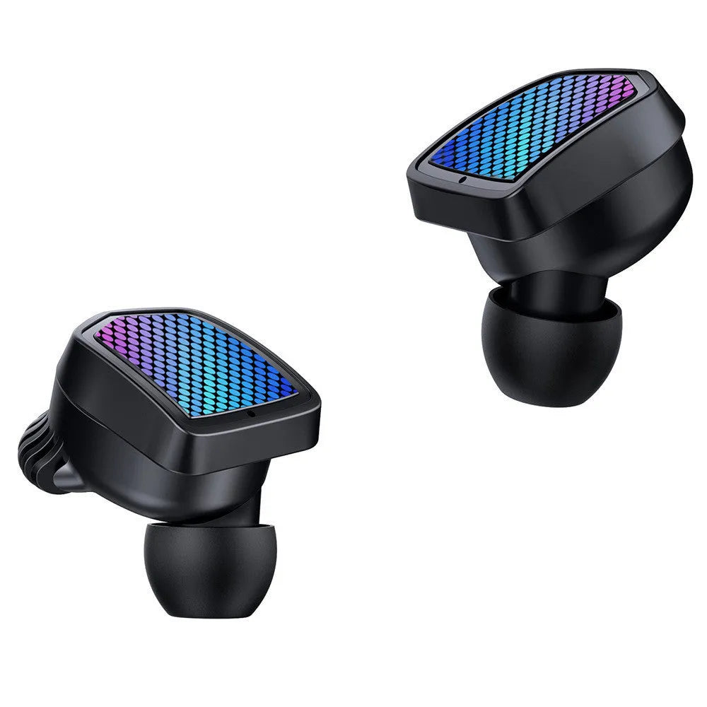 Black TWS Bluetooth sport earphones with silicone ear tips next to their white charging case.