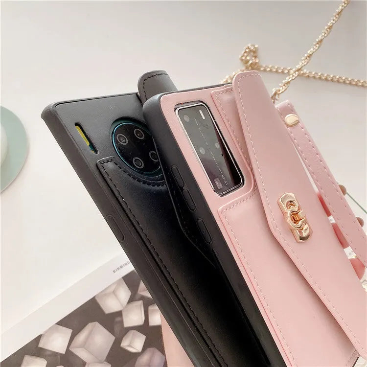 Imitation leather Huawei phone case with handbag pattern and gold chain, shown in pink, black, green, and grey colour options.