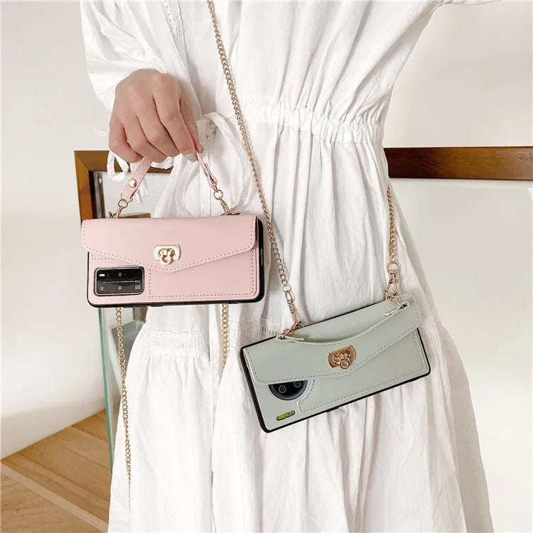 Imitation leather Huawei phone case with handbag pattern and gold chain, shown in pink, black, green, and grey colour options.