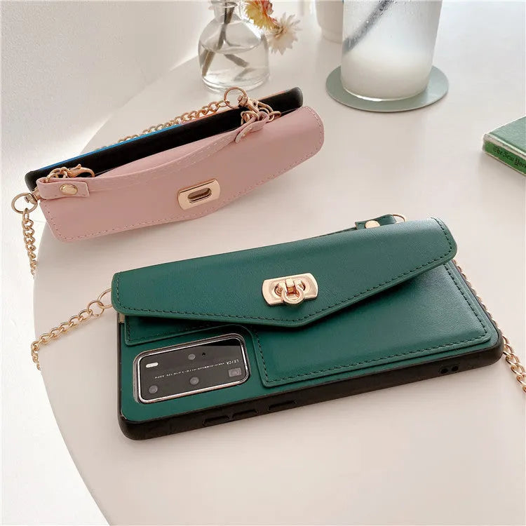 Imitation leather Huawei phone case with handbag pattern and gold chain, shown in pink, black, green, and grey colour options.
