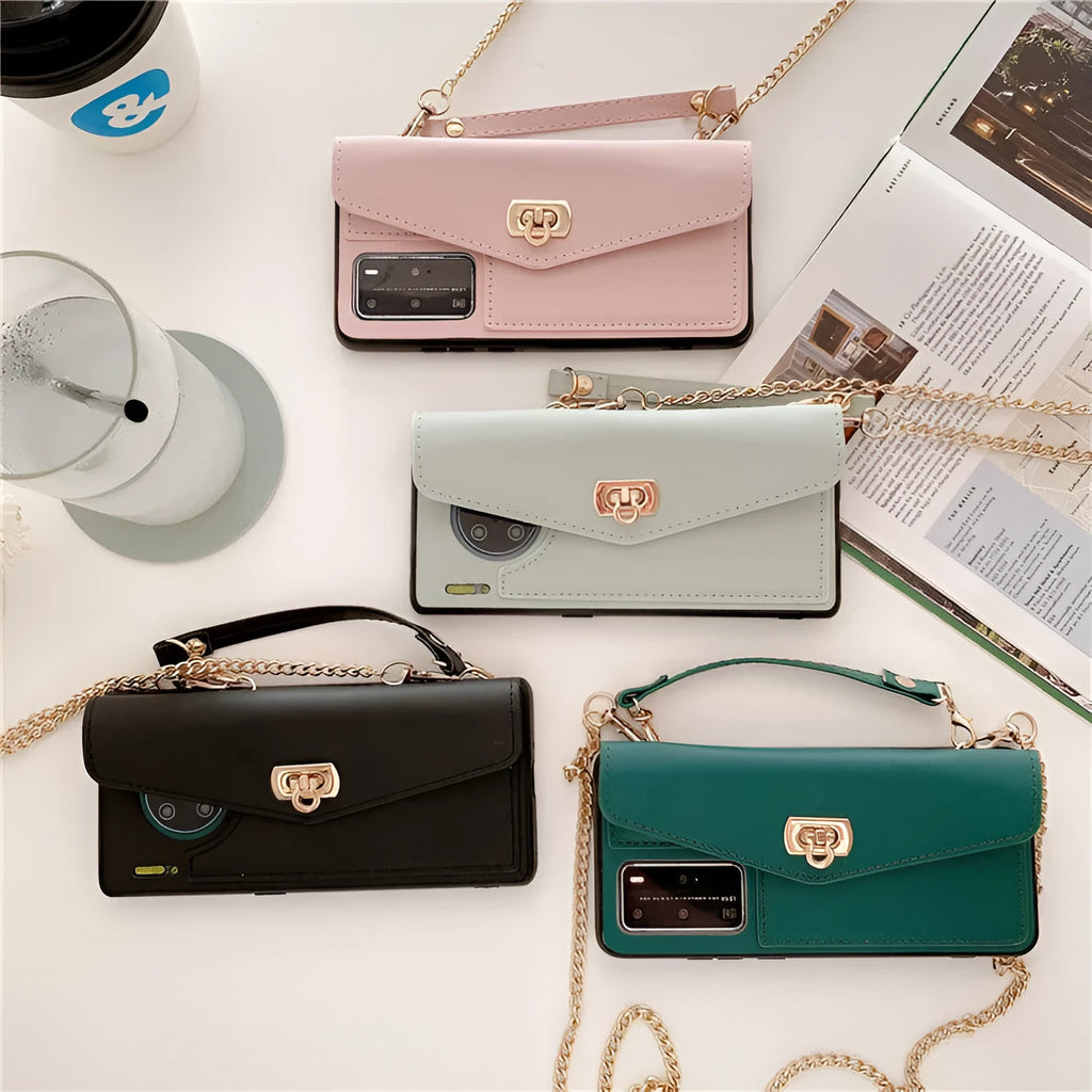 Imitation leather Huawei phone case with handbag pattern and gold chain, shown in pink, black, green, and grey colour options.