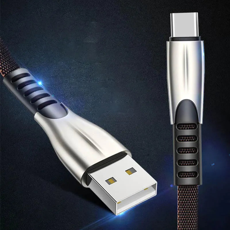 Black fast charging cable with flashing LED light, showing Micro USB and Type-C connector options.