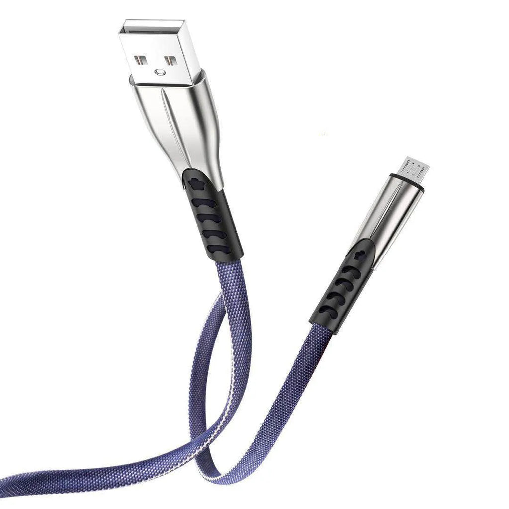 Black fast charging cable with flashing LED light, showing Micro USB and Type-C connector options.