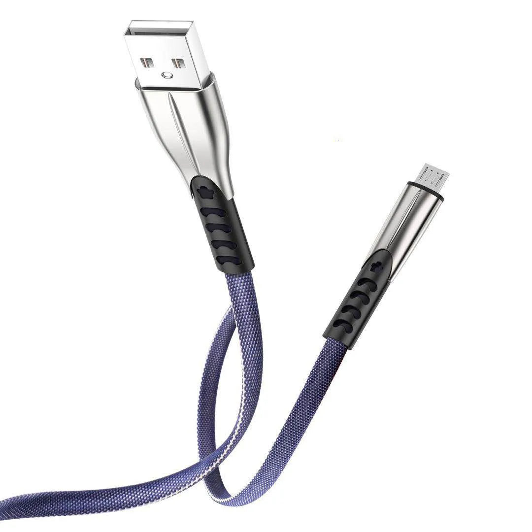 Black fast charging cable with flashing LED light, showing Micro USB and Type-C connector options.