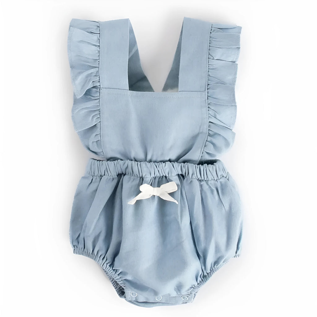 Blue denim lace baby romper bodysuit with sleeveless princess-style design and triangle climb closure