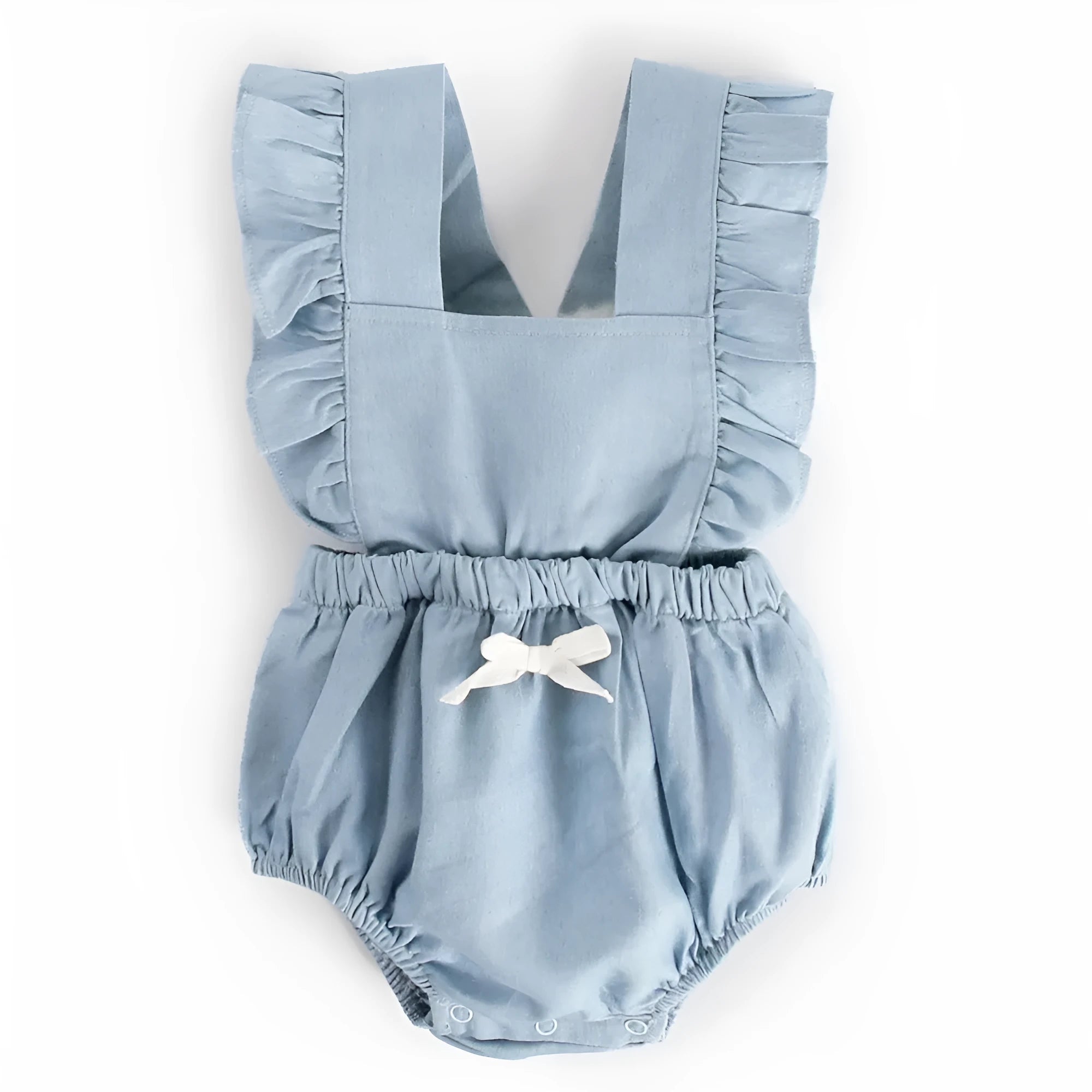 Blue denim lace baby romper bodysuit with sleeveless princess-style design and triangle climb closure