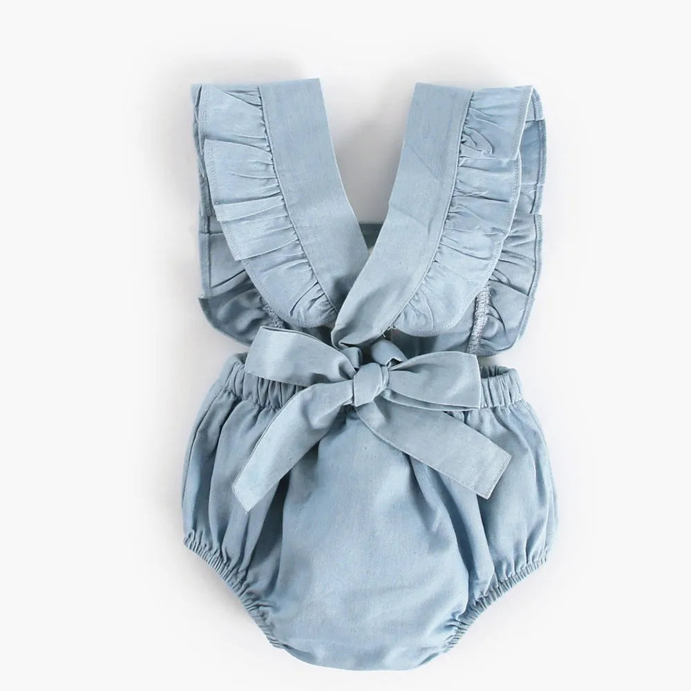 Blue denim lace baby romper bodysuit with sleeveless princess-style design and triangle climb closure