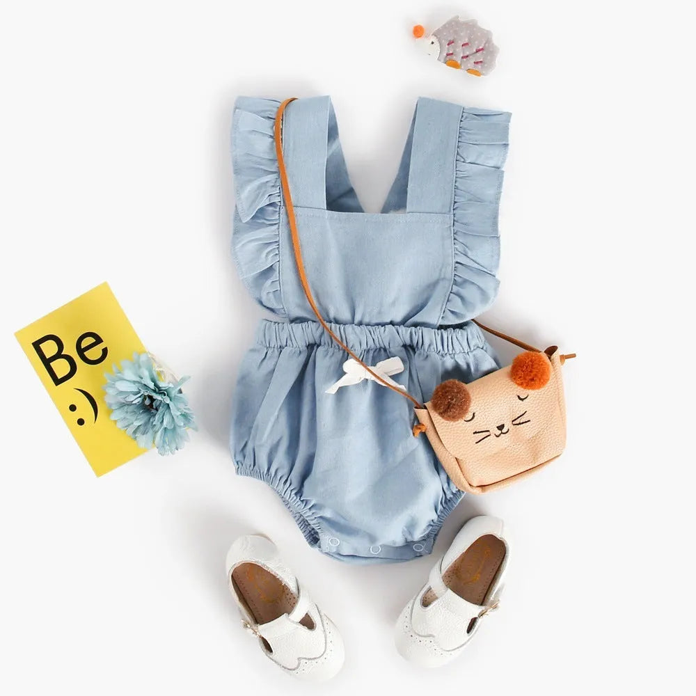 Blue denim lace baby romper bodysuit with sleeveless princess-style design and triangle climb closure