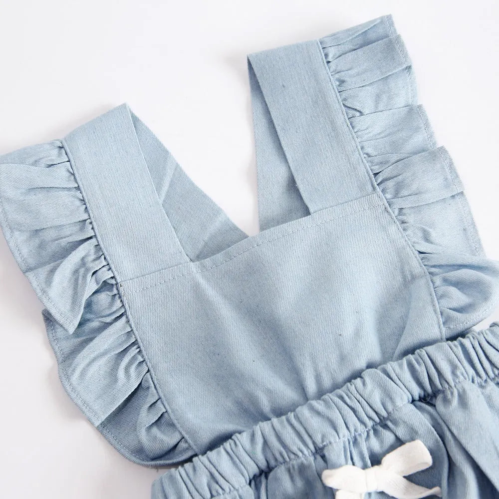 Blue denim lace baby romper bodysuit with sleeveless princess-style design and triangle climb closure