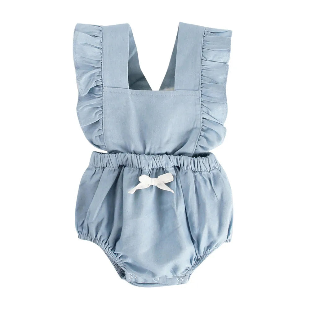 Blue denim lace baby romper bodysuit with sleeveless princess-style design and triangle climb closure