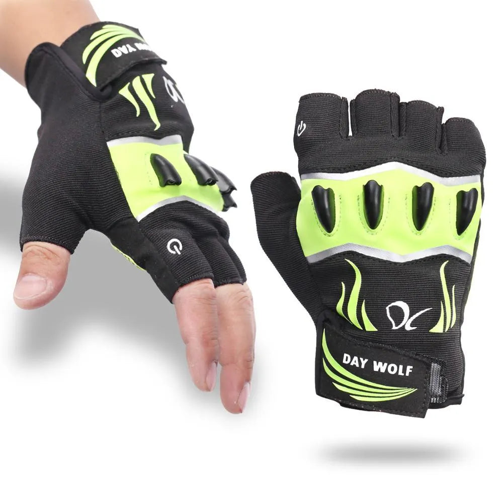 Fingerless non-slip leather cycling gloves black green half finger design for men and women