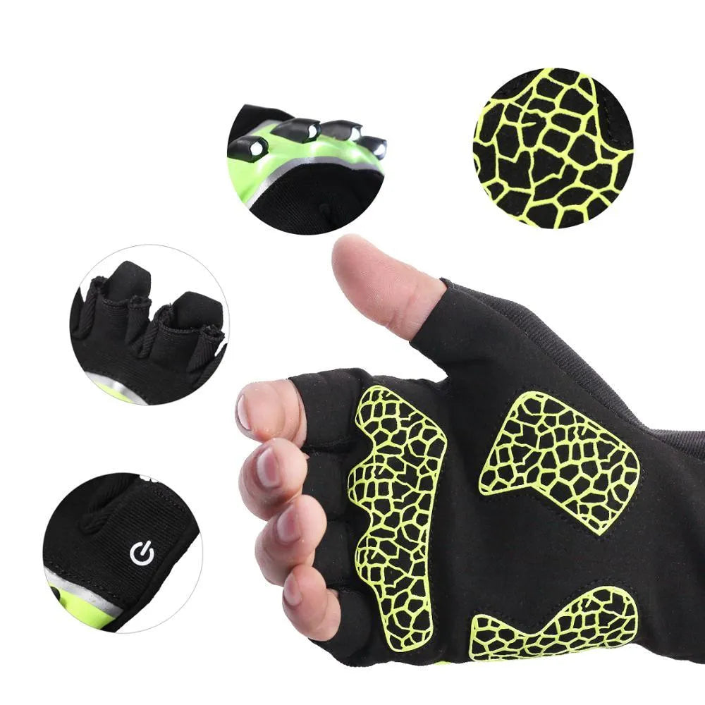 Fingerless non-slip leather cycling gloves black green half finger design for men and women