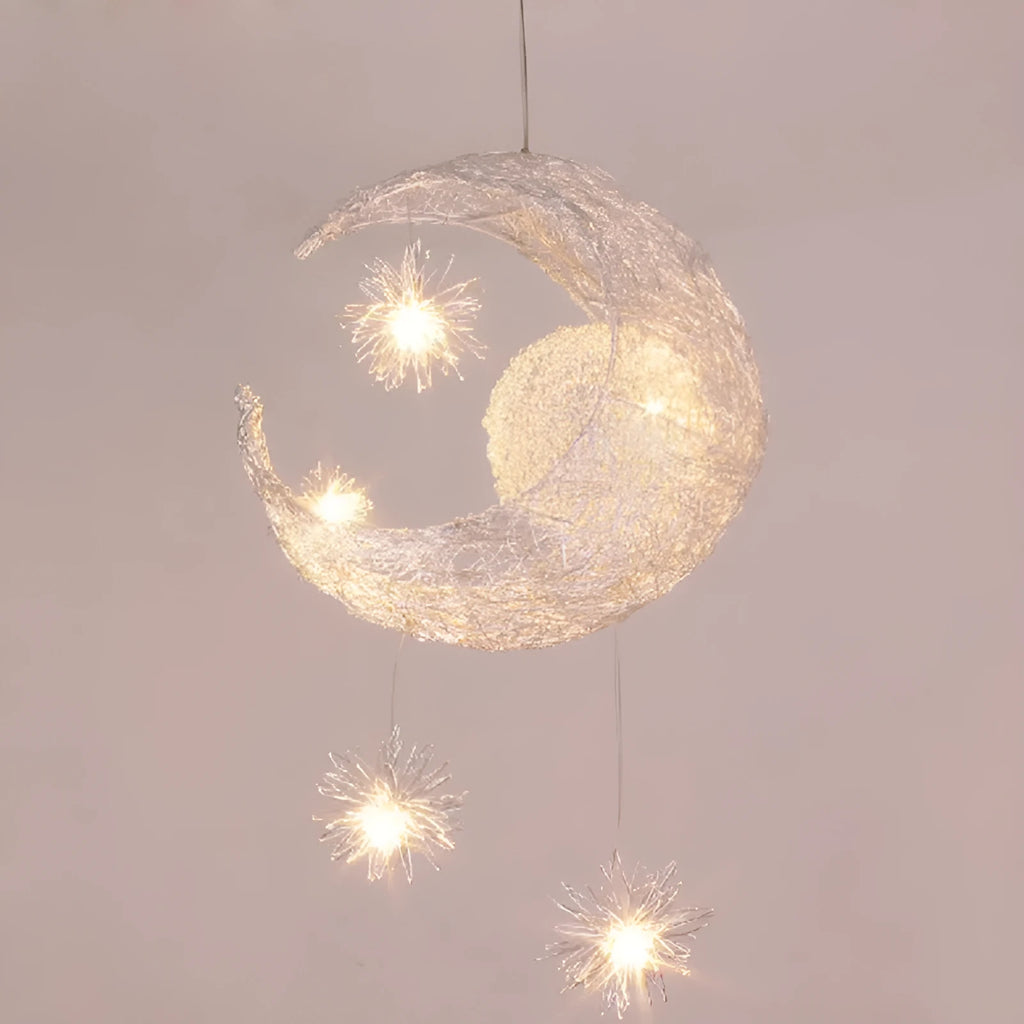 Aluminium wire star moon chandelier with adjustable height suspension and zinc alloy details