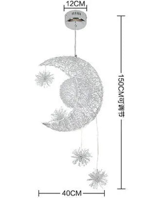Aluminium wire star moon chandelier with adjustable height suspension and zinc alloy details