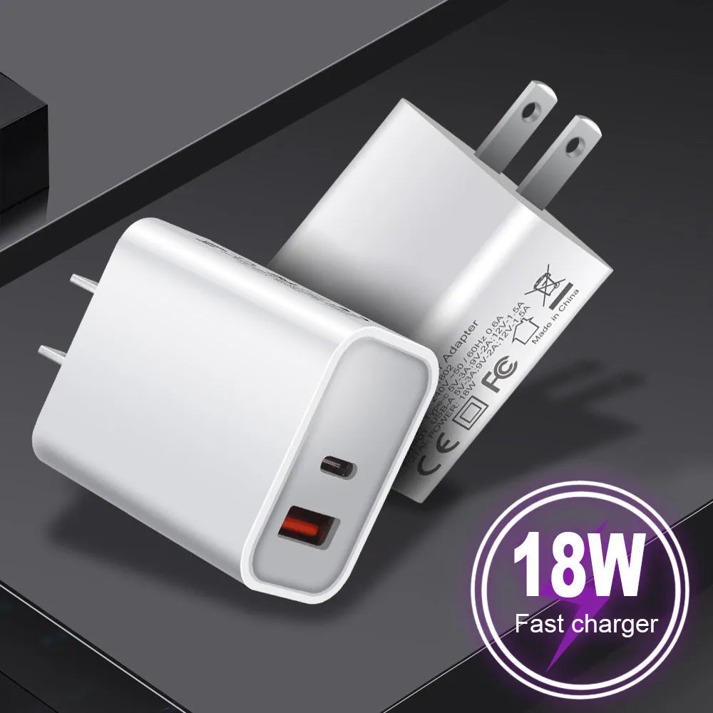 White 18W fast charger with USB Type-C and standard USB ports, shown with EU, UK, and US plug options.