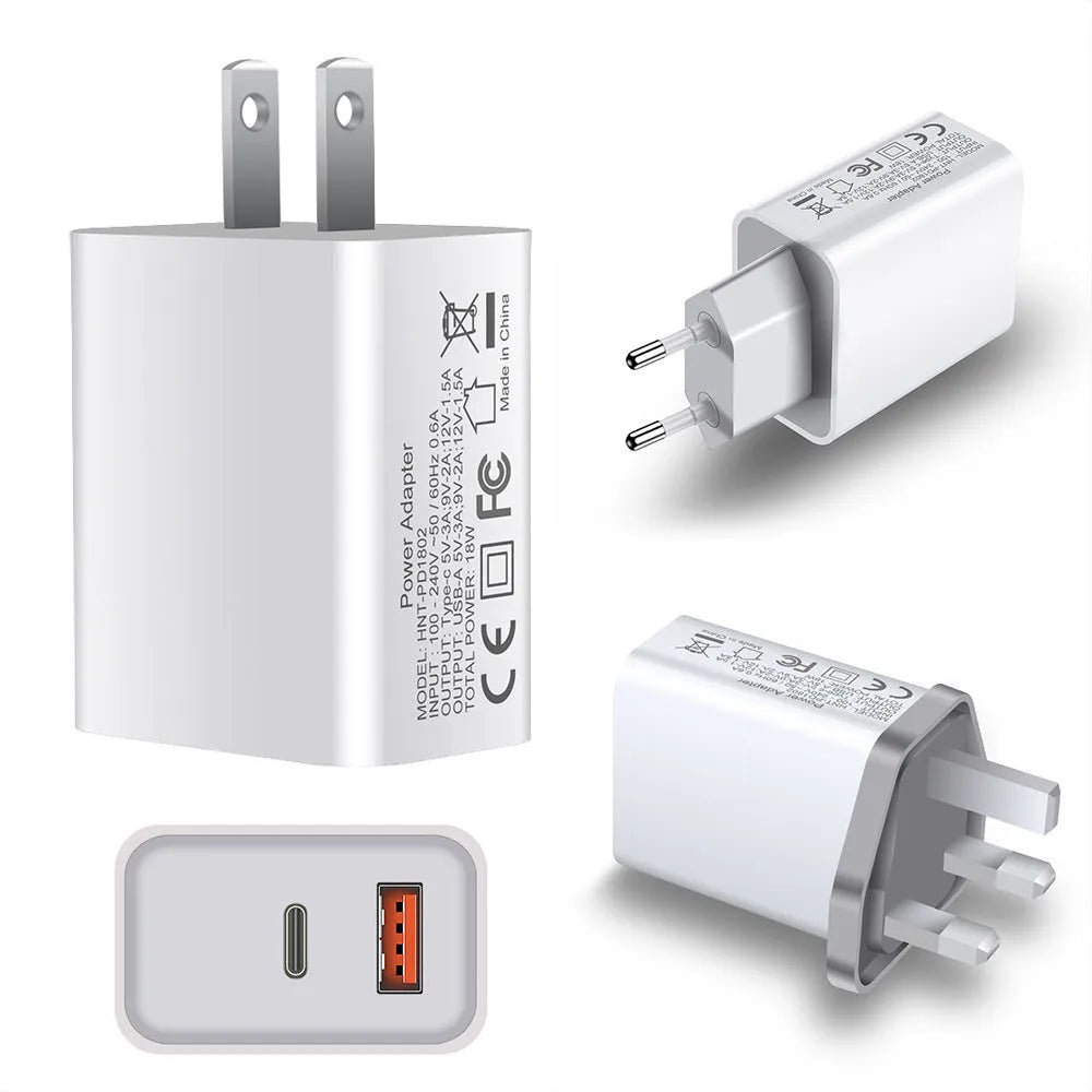 White 18W fast charger with USB Type-C and standard USB ports, shown with EU, UK, and US plug options.