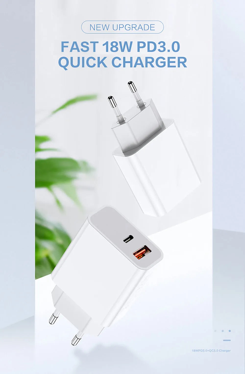 White 18W fast charger with USB Type-C and standard USB ports, shown with EU, UK, and US plug options.
