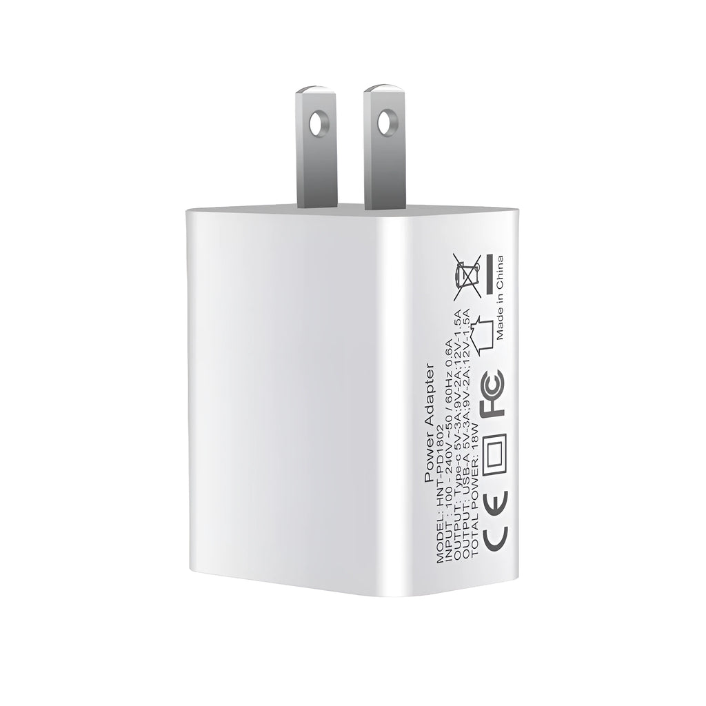 White 18W fast charger with USB Type-C and standard USB ports, shown with EU, UK, and US plug options.