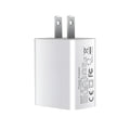 White 18W fast charger with USB Type-C and standard USB ports, shown with EU, UK, and US plug options.