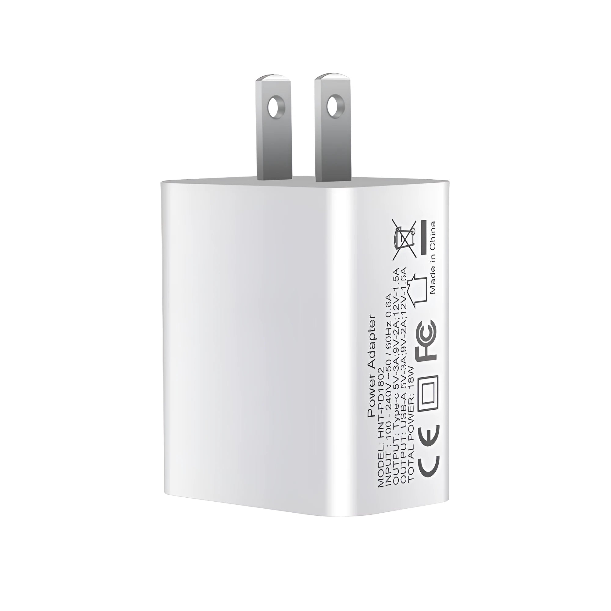 White 18W fast charger with USB Type-C and standard USB ports, shown with EU, UK, and US plug options.