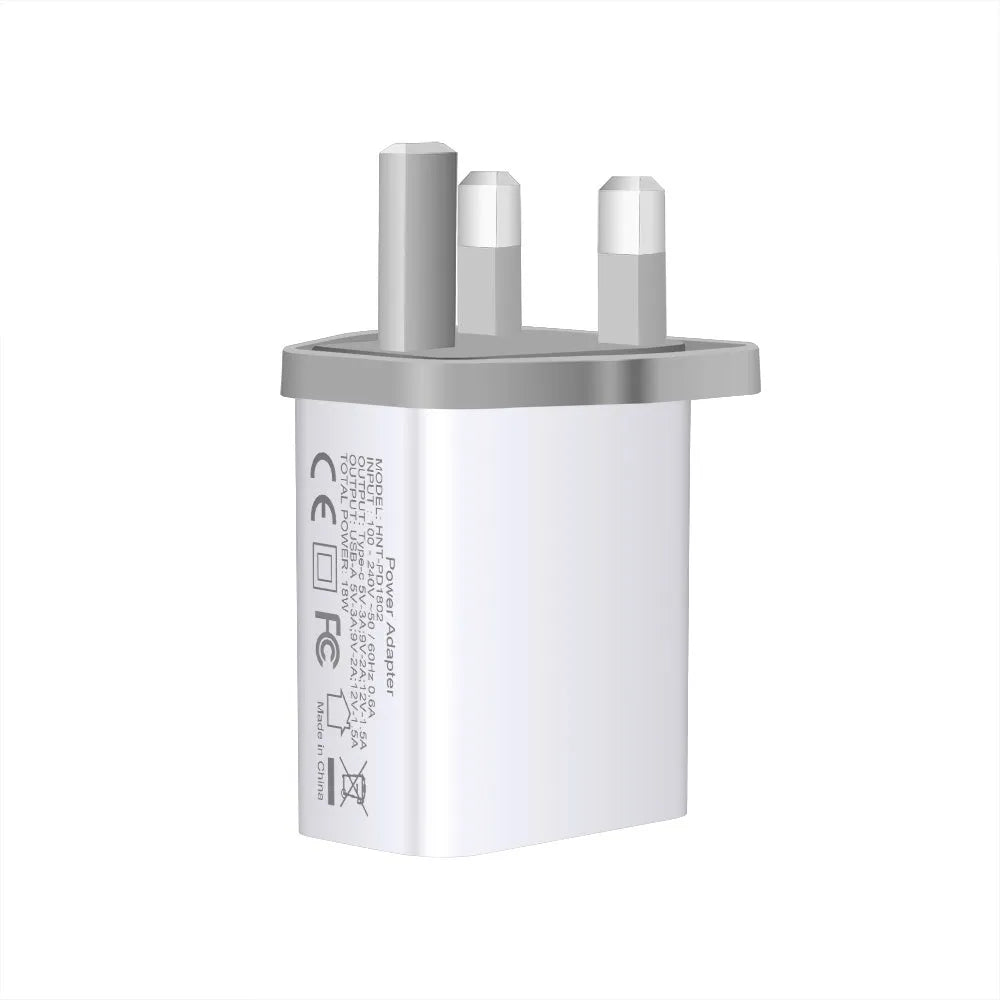 White 18W fast charger with USB Type-C and standard USB ports, shown with EU, UK, and US plug options.