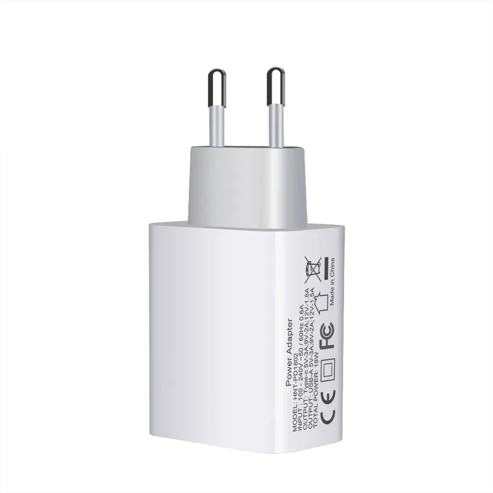 White 18W fast charger with USB Type-C and standard USB ports, shown with EU, UK, and US plug options.