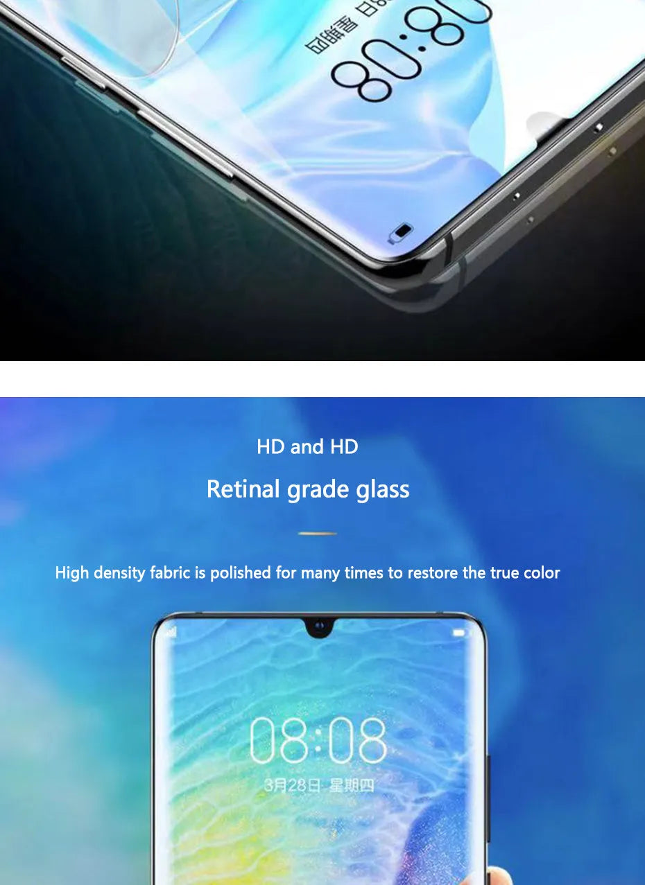 Three clear hydrogel screen protectors for Huawei and Honor phones on a white background.