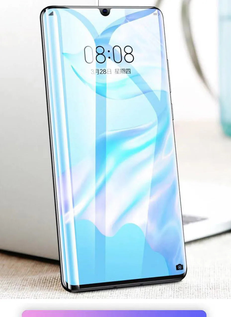 Three clear hydrogel screen protectors for Huawei and Honor phones on a white background.