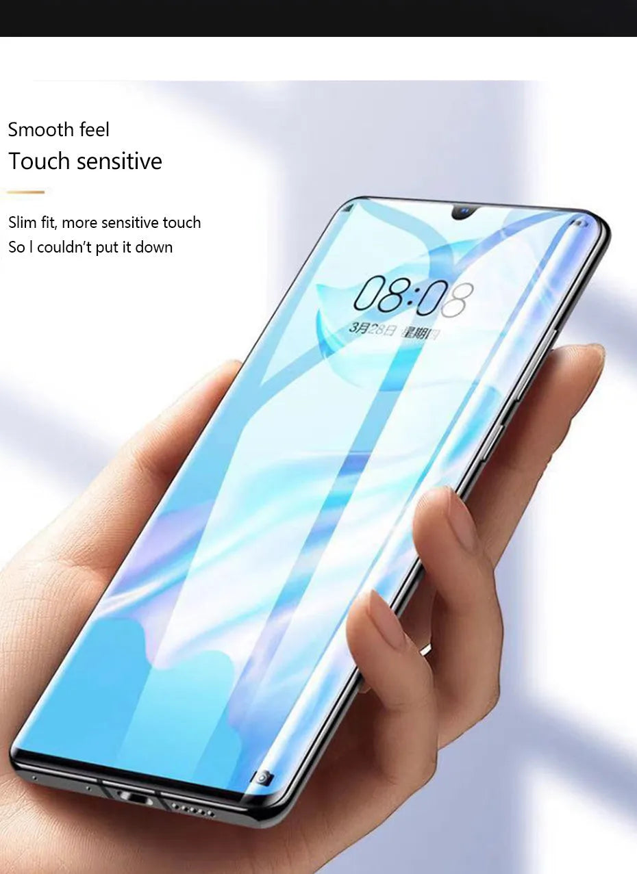 Three clear hydrogel screen protectors for Huawei and Honor phones on a white background.