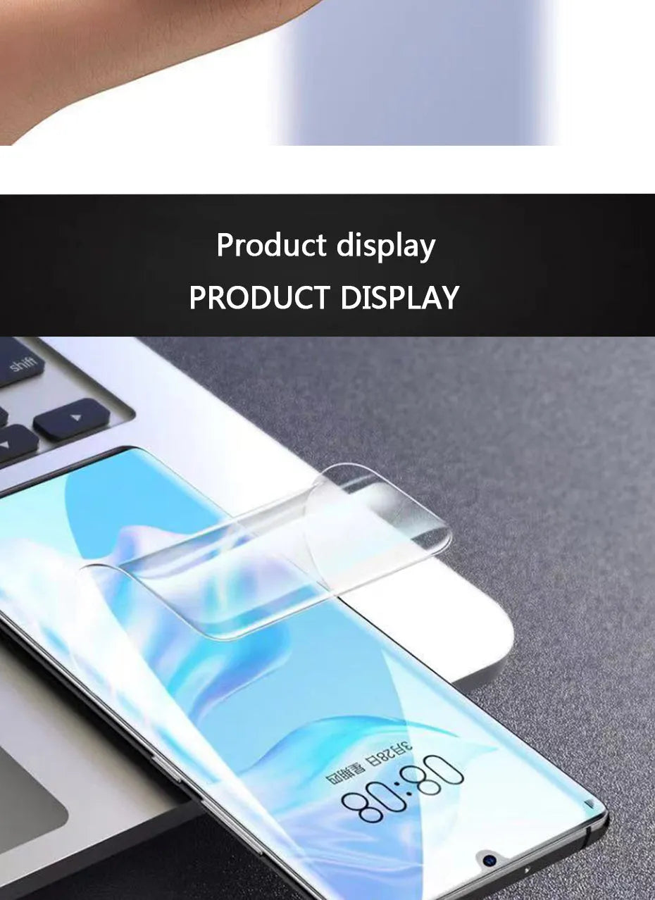 Three clear hydrogel screen protectors for Huawei and Honor phones on a white background.