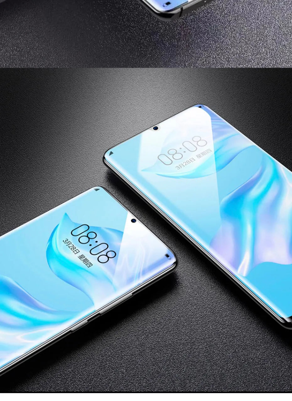 Three clear hydrogel screen protectors for Huawei and Honor phones on a white background.