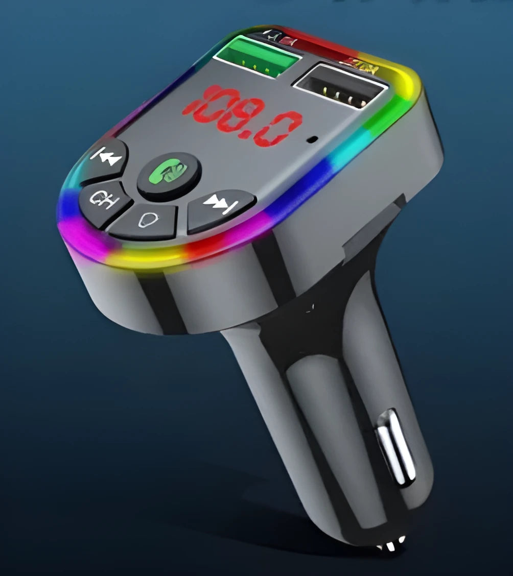 Car Bluetooth MP3 player FM transmitter with dual USB charger and colourful atmosphere light in car socket