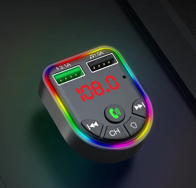 Car Bluetooth MP3 player FM transmitter with dual USB charger and colourful atmosphere light in car socket