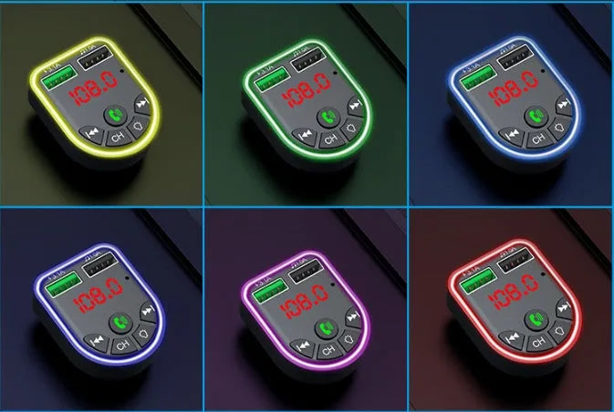 Car Bluetooth MP3 player FM transmitter with dual USB charger and colourful atmosphere light in car socket