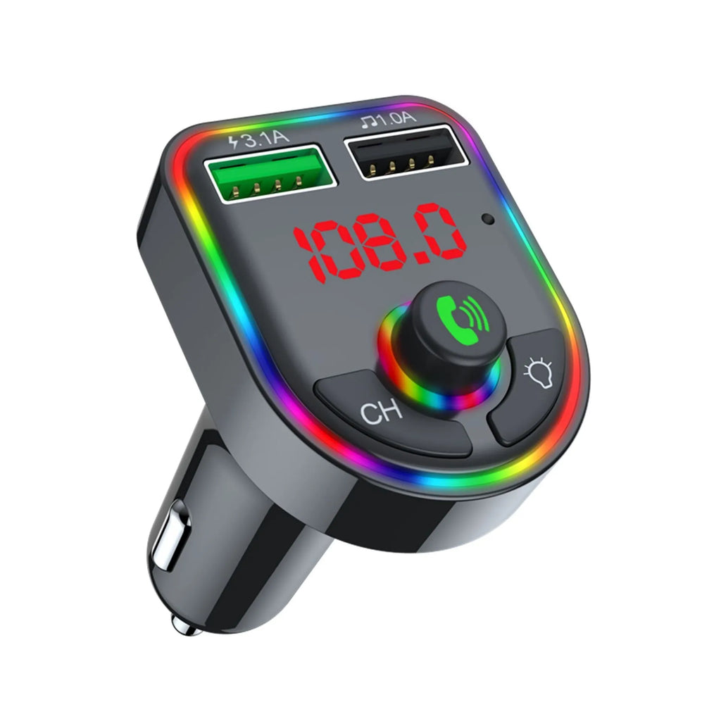 Car Bluetooth MP3 player FM transmitter with dual USB charger and colourful atmosphere light in car socket