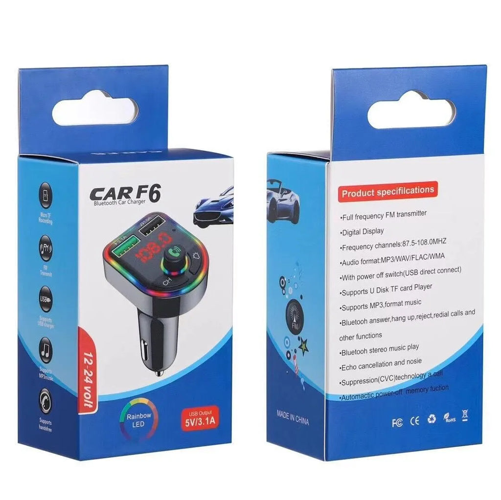 Car Bluetooth MP3 player FM transmitter with dual USB charger and colourful atmosphere light in car socket
