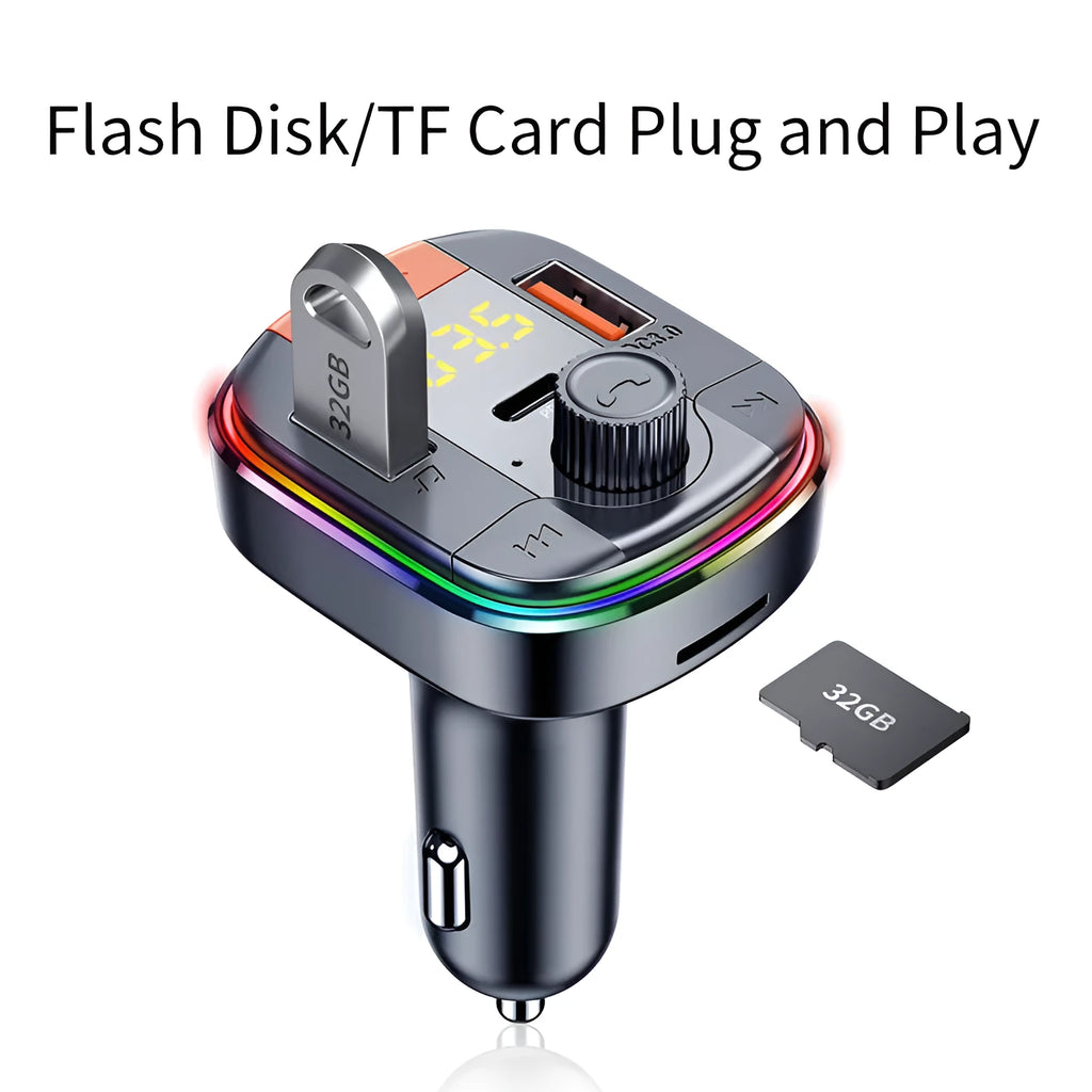 Black car Bluetooth MP3 player and fast charger with LED lights, plugged into a car cigarette lighter socket.